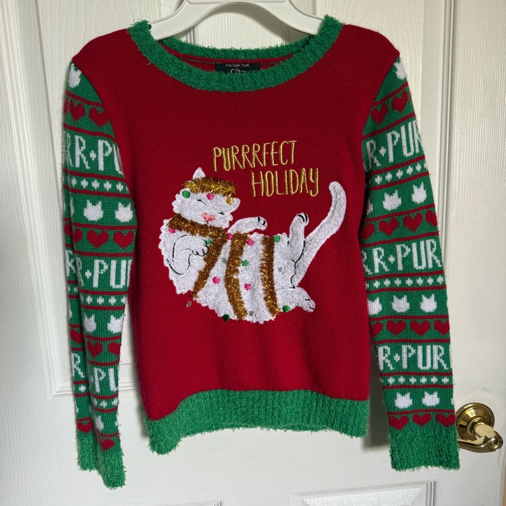 It's Our Time - Red and Green Tinsel Purrfect Holiday Sweater w/ Cute Cat